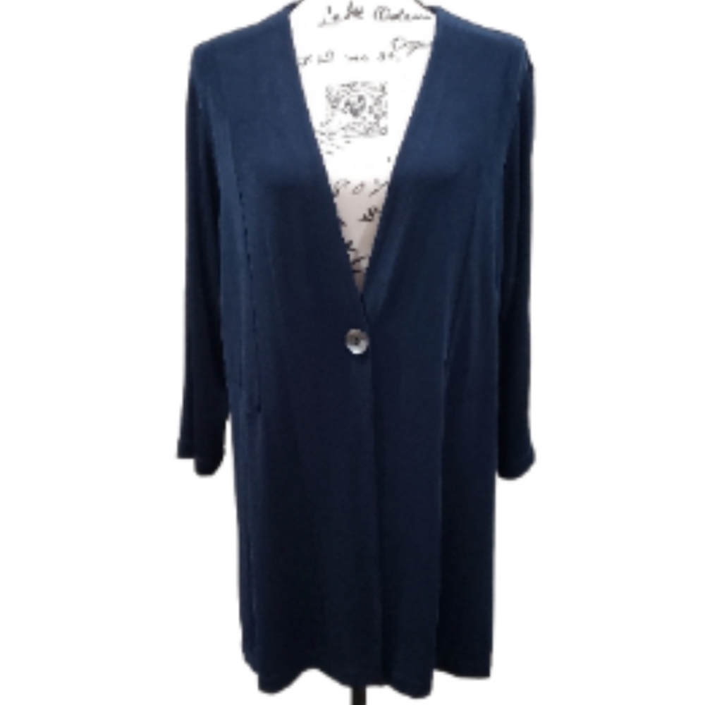 Chico's Travelers Slinky Knit Single Button Navy Topper